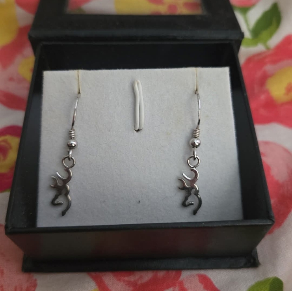 Browning Deer Buck Silver Tone Earrings In Box